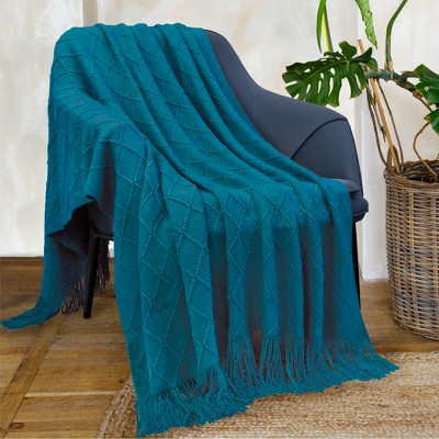 Teal Blue Knitted Fleece Reversible Throw Blanket