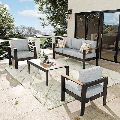 LayinSun 4 Pieces Aluminum Outdoor Patio Furniture Set with Coffee Table, Outside Metal Patio Conversation Sets with Deep Seating and Thick Cushions