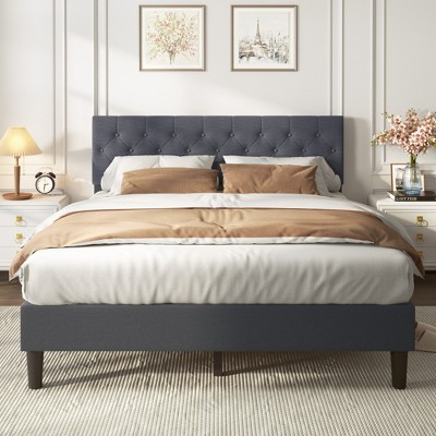 CSBDHome Linen Fabric Upholstered Platform Bed Frame with Headboard