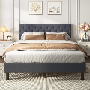 CSBDHome Linen Fabric Upholstered Platform Bed Frame with Headboard - 1 of 4