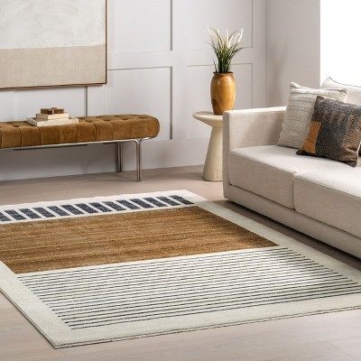 Keeva Modern Striped Fringe Beige and Black Synthetic Area Rug 8' x 10'