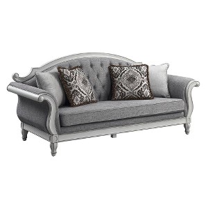88" Florian Sofa Gray Fabric and Antique White Finish - Acme Furniture: Leather Upholstery, Wood Frame, Includes Accent Pillow - 1 of 4