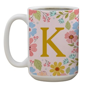 Personalization Mall Flowery Initial Personalized Coffee Mug Gold/Pink - 1 of 1