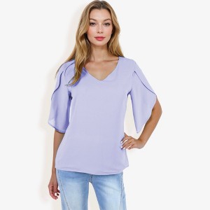 Anna-Kaci Women's V-Neck Blouse with Layered Split Flutter Sleeves and Relaxed Fit - 1 of 4