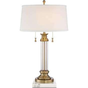 Vienna Full Spectrum Rolland Traditional Table Lamp with White Square Marble Riser 30" Tall Antique Brass Crystal Off White Shade for Living Room Home
