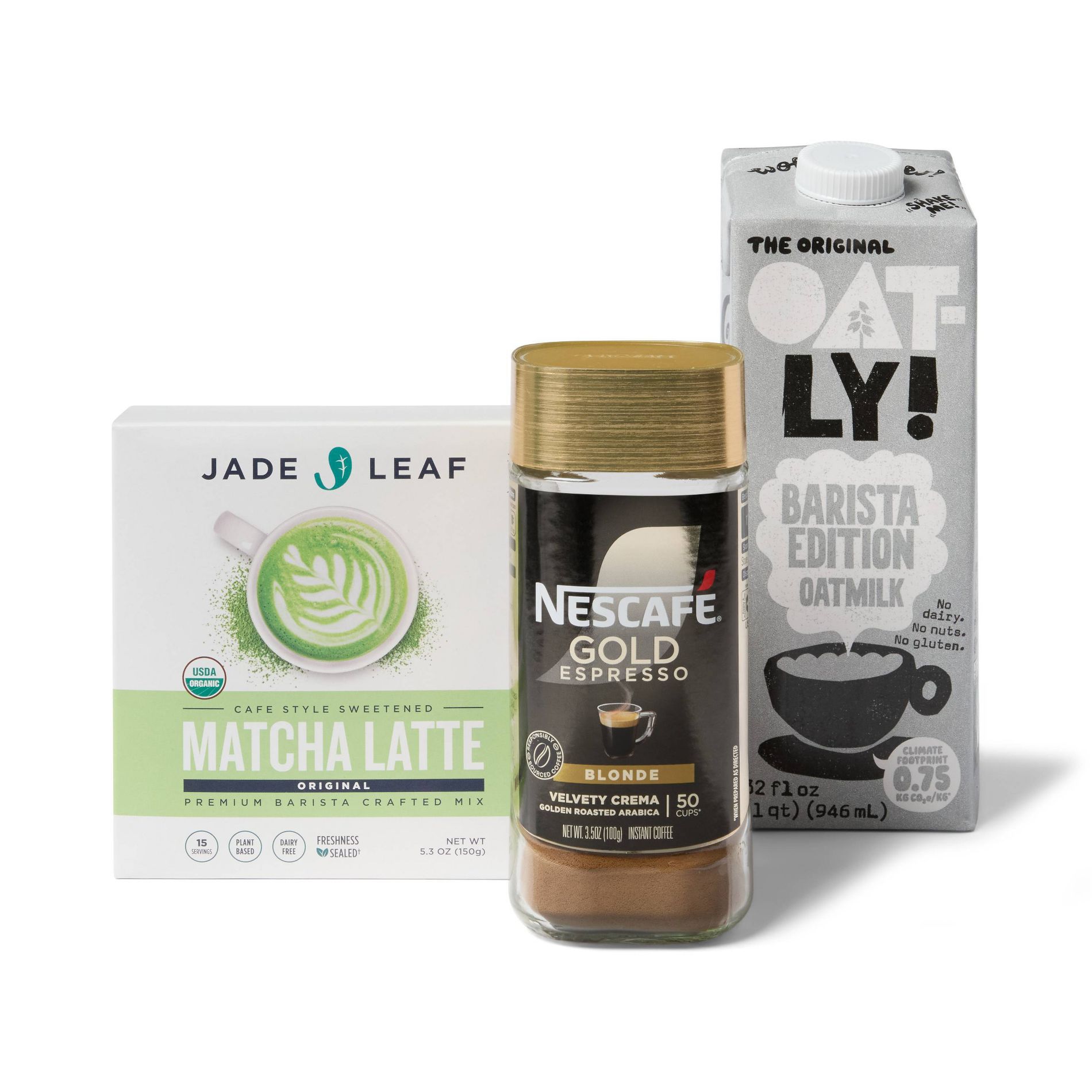 Jade Leaf Matcha 5.3oz Matcha Latte Mix + Oatly Barista Shelf Stable 32 fl oz Oatmilk + Nescafe Gold Blonde Roast Espresso 3.5oz Instant Coffee