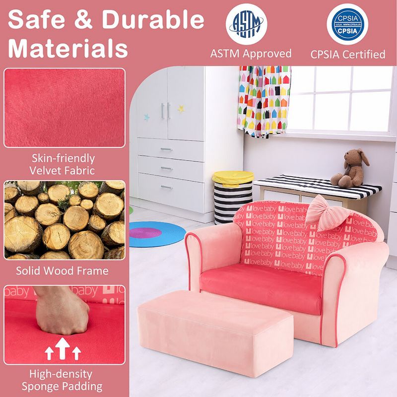 Tangkula Kids Double Sofa Velvet Upholstered Sofa Couch w/Footstool & Armrests Pink, 4 of 10