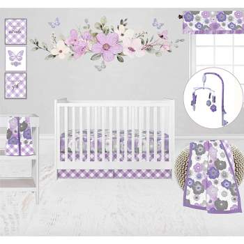Bacati - Watercolor Floral Purple Gray 10 pc Girls Baby Crib Bedding Set with 2 Crib Fitted Sheets 100% cotton fabrics