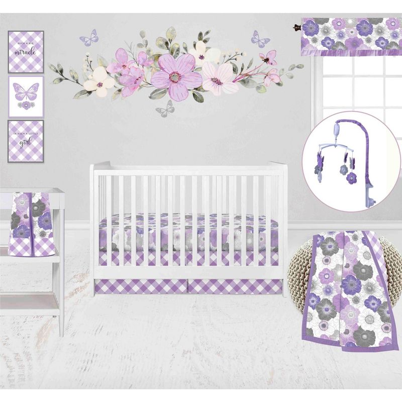 Bacati - Watercolor Floral Purple Gray 10 pc Girls Baby Crib Bedding Set with 2 Crib Fitted Sheets 100% cotton fabrics, 1 of 12