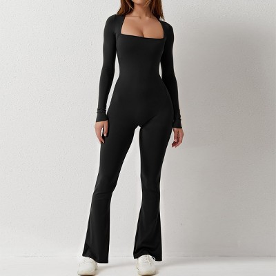 DOMETOUR Women Yoga Jumpsuits Square Neck Workout Long Sleeve Gym Yoga Sport Jumpsuits