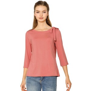 INSPIRE CHIC Women's Tie Crew Neck 3/4 Sleeves Solid T-Shirt Blouses - 1 of 4