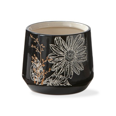 tagltd Let It Bee Flower Print Planter Large Glazed Black Stoneware, 5.38L x 5.38W x 4.48H inches, Holds Up to 4 inch Drop in Pot