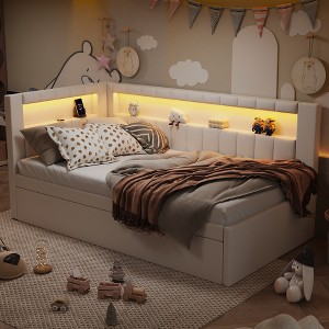 TIRAMISUBEST Upholstered Twin/Full Size Daybed with USB Ports and LED Belt, Modern L-Shaped Daybed Frame Sofa Bed with Trundle and Storage Headboard - 1 of 4