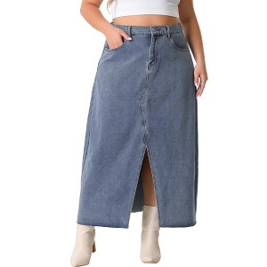 Agnes Orinda Women's Plus Size Casual High Waisted Front Slit Stretch Maxi Denim Skirts - 1 of 4