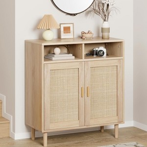 Natural Rattan Sideboard Cabinet w/ 2 Doors, Farmhouse Buffet Storage, MDF Frame - 1 of 4