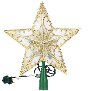 Aoibox 9.5 inch Gold Glittered Dual Sided 3D Star Christmas Tree Topper with 10 Warm White Lights UL Certified Fits Most Trees 1 Piece - 1 of 4