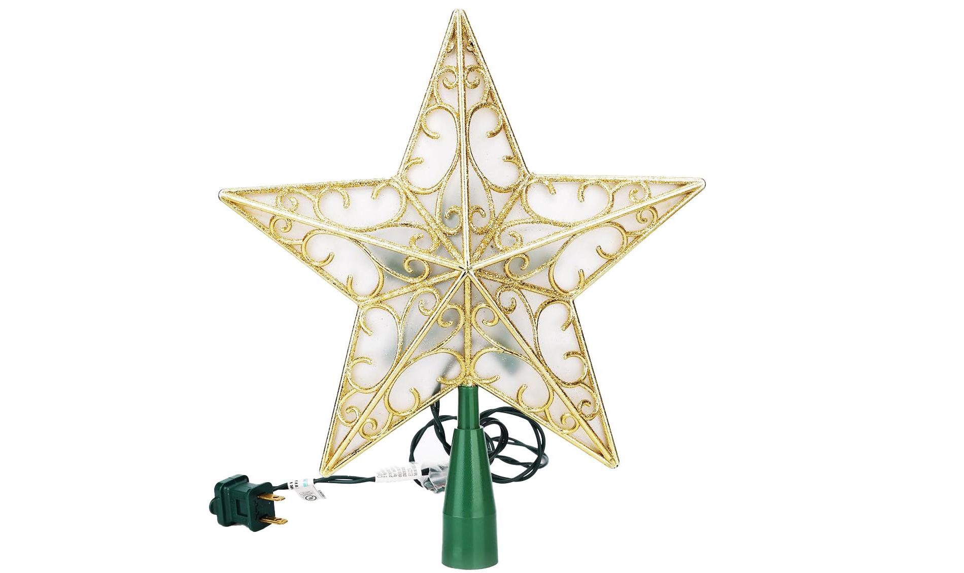 Aoibox 9.5 inch Gold Glittered Dual Sided 3D Star Christmas Tree Topper with 10 Warm White Lights UL Certified Fits Most Trees 1 Piece