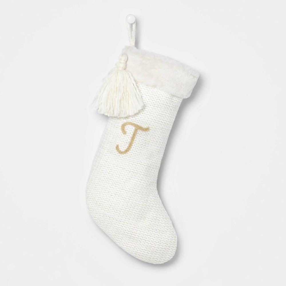 Luxe Knit Monogram Christmas Stocking White/Gold Letter T - Wondershop