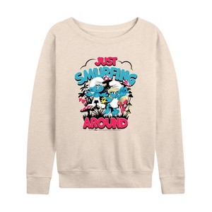 Women's - Smurfs - Just Smurfing Around Lightweight French Terry Wide Neck Long Sleeve Shirt - 1 of 4