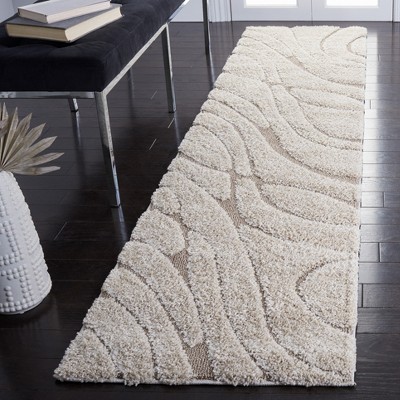 Elegant Cream Beige Abstract Shag Runner Rug, Hand-Knotted Synthetic 2'3" X 9'