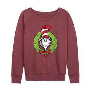 Women's The Cat in the Hat Cat Wreath Lightweight French Terry Wide Neck Long Sleeve Graphic Shirt - Heather Maroon - 4X - 1 of 4