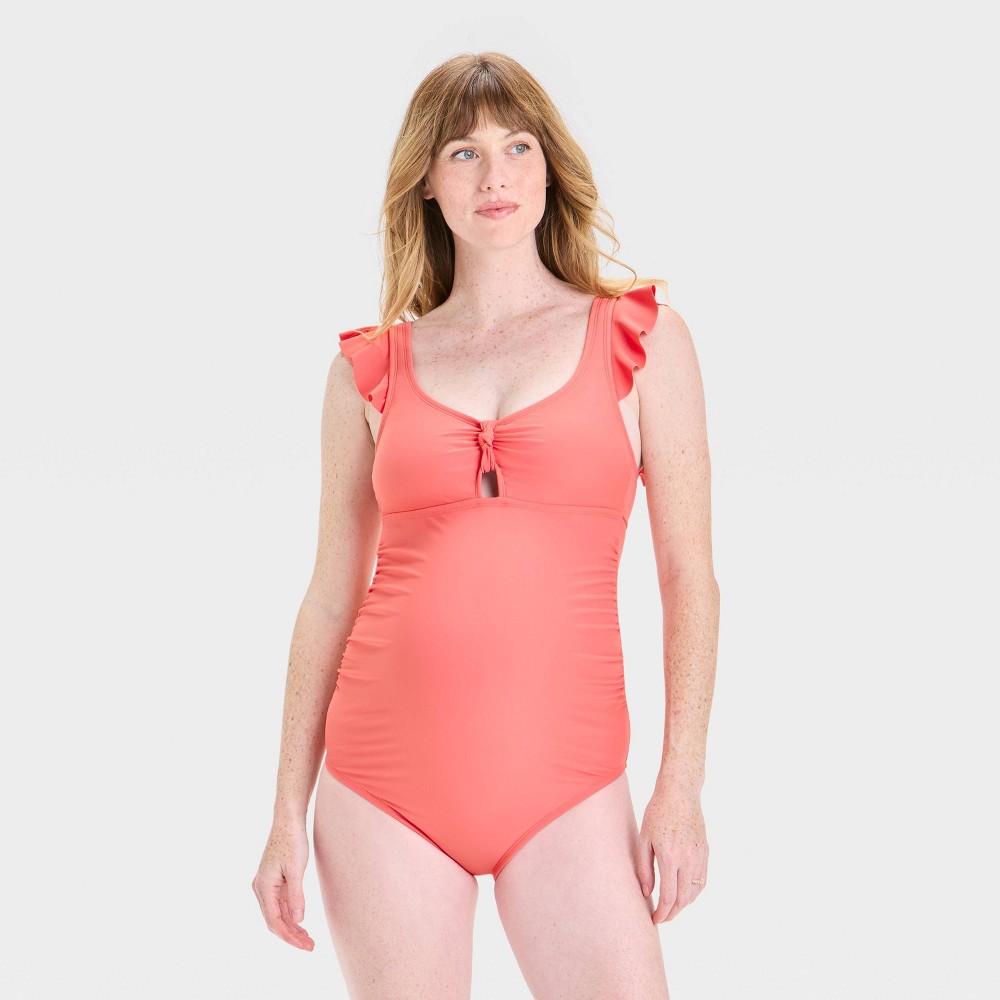 Photos - Swimwear Ruffle Sleeve Maternity Cutout Swimsuit - Isabel Maternity by Ingrid & Isabel™ Coral Orange S