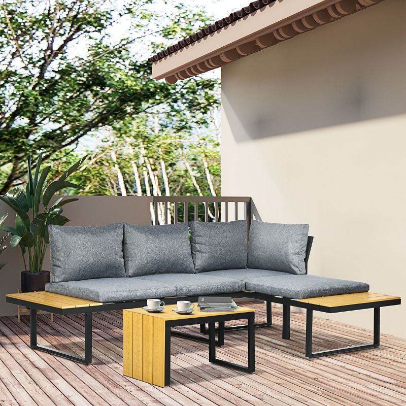 Outsunny 3 Piece Patio Furniture Set, Outdoor Sofa Set with Chaise Lounge & Loveseat, Soft Cushions, Woodgrain Plastic Table, L-Shaped Sectional, Gray, 3 of 8