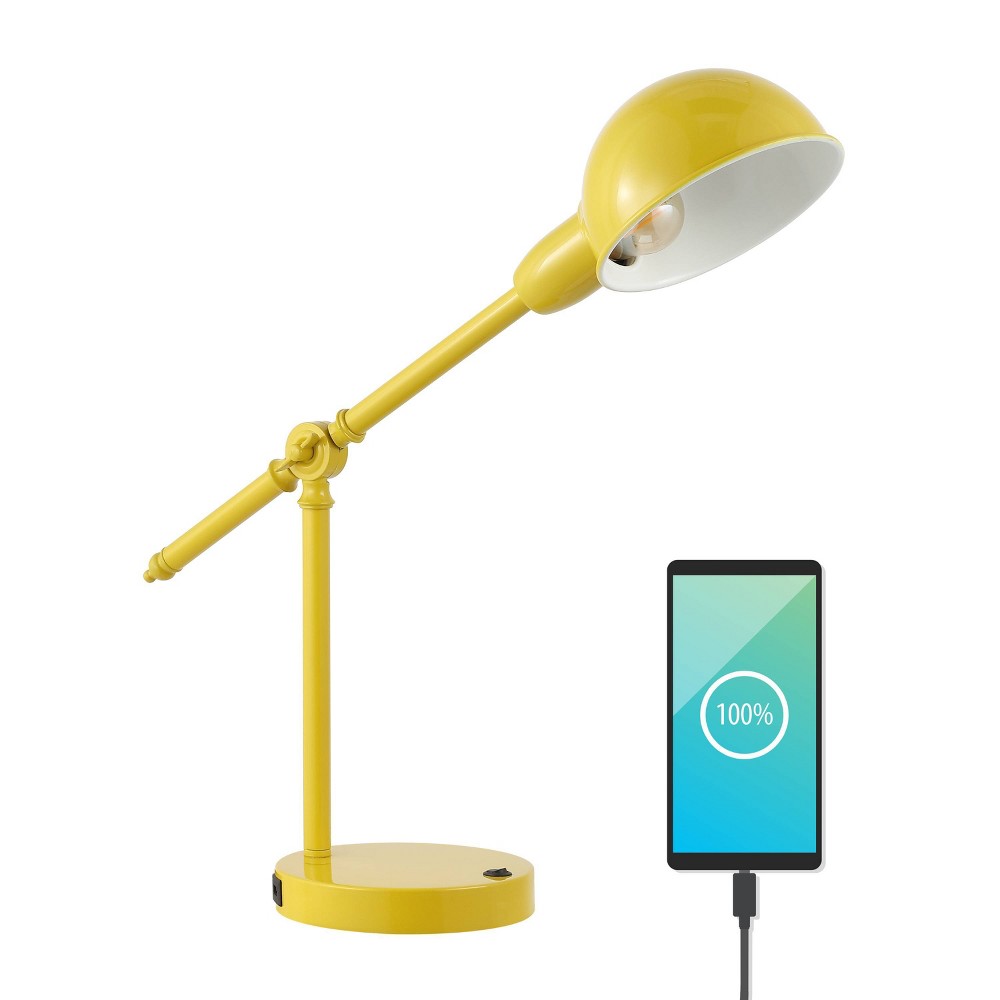 20.25" Curtis Vintage Industrial Iron Adjustable Dome Shade Task Lamp with USB Charging Port (Includes LED Light Bulb) Yellow - JONATHAN Y