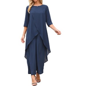 INSPIRE CHIC Women's Chiffon Summer Formal Wedding Guest Outfit Dressy Pantsuits High Low Top Pants Set 2 Pcs Small Dark Blue