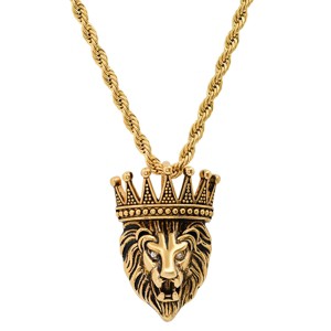 Steeltime 30" Men's 18k gold plated stainless steel simulated diamonds lion's head and crown pendant - 1 of 4