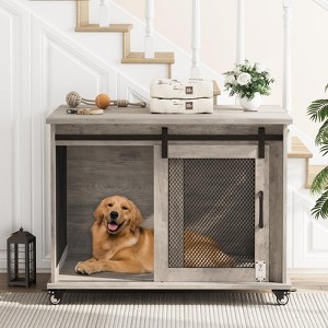 37'' Dog Crate Furniture Side End Table with Flip Top and Movable Divider, Furniture Style Dog Home with Wheels，Wooden Dog Crate Table Large - 1 of 4
