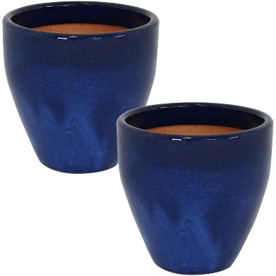 Sunnydaze Resort High-Fired Outdoor/Indoor Glazed UV- and Frost-Resistant Ceramic Planters with Drainage Holes - 10" Diameter - Imperial Blue - 2-Pack