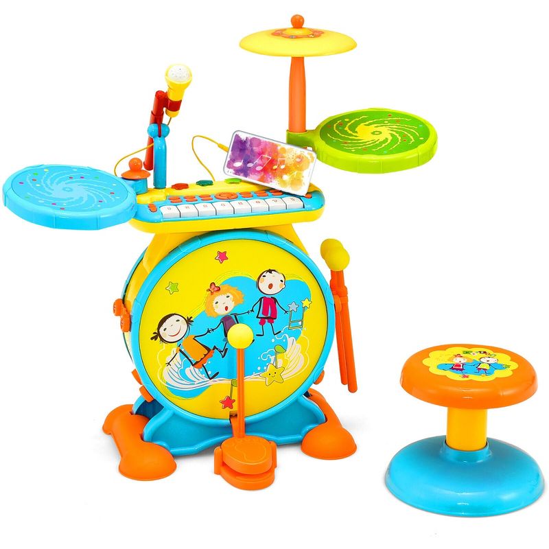 Costway 2-in-1 Kids Electronic Drum Kit Music Instrument Toy w/ Keyboard Microphone, 1 of 11