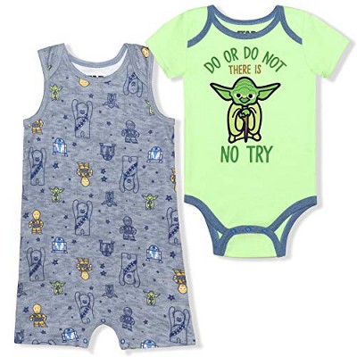 Image of Star Wars Baby Boy's Baby Yoda Graphic Printed Romper and Bodysuit Set - Gray, Light Green / Size 18M
