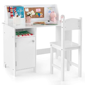 Costway Kids Study Desk with Chair, Whiteboard, Marker, Hutch, Storage Cabinet Purple/White - 1 of 4