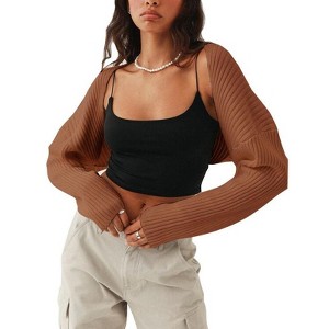 Coolmee Women's Ribbed Knit Crop Bolero  Open Front Drop Shoulder Long Sleeve Solid Loose Fit Knitted Crop Cardigan Shrug - 1 of 4