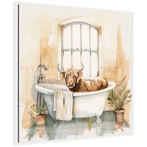 Kate & Laurel All Things Decor 30"x30" Sylvie Highland Cow Bathroom Watercolor Framed Canvas by The Creative Bunch Studio White - 1 of 4