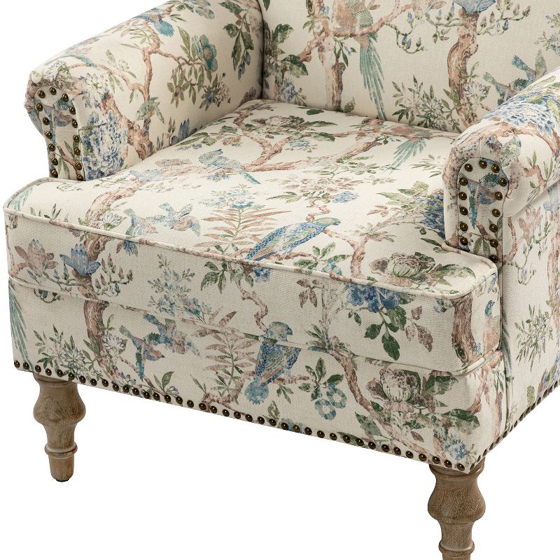 Yahweh Wooden Upholstered  Floral Pattern Design Armchair with Panel Arms and Camelback for Bedroom  | ARTFUL LIVING DESIGN, 3 of 11
