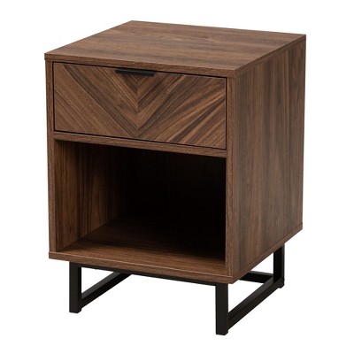 Walnut Brown Wood and Black Metal 1-Drawer Night Table