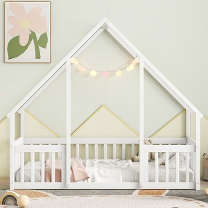 CAVINAS Twin/Full Size House-Style Bed Frame with Fence Guardrails,Modern Floor Bed for Kids Room,Bedroom - 1 of 4
