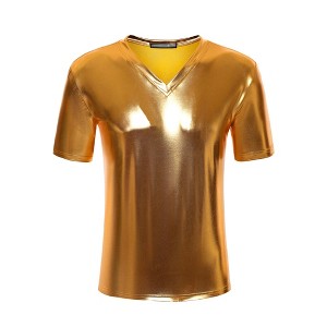 Lars Amadeus Men's Metallic Shiny Nightclub V-Neck Short Sleeve Disco T-Shirt - 1 of 4