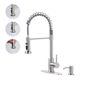 WOWOW Single Handle Pull Down Sprayer Kitchen Faucet with Soap Dispenser, Pull Out Spray Wand in Brushed Nickel - 1 of 4