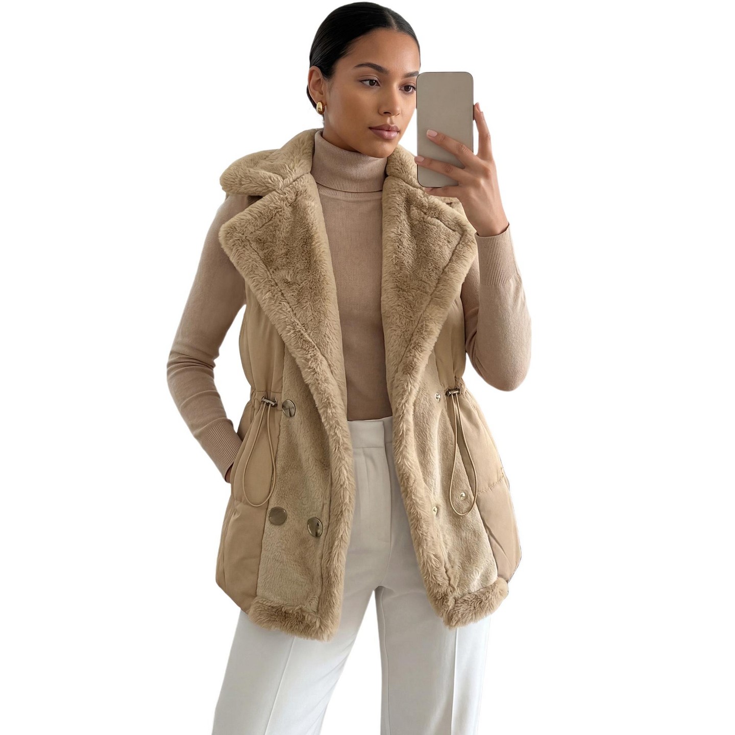 Женская куртка INSPIRE CHIC Lapel Collar Double Breasted Drawstring Waist Plush Splicing Quilted Puffer Coat Large Brown, цвет: Коричневый — фото 1
