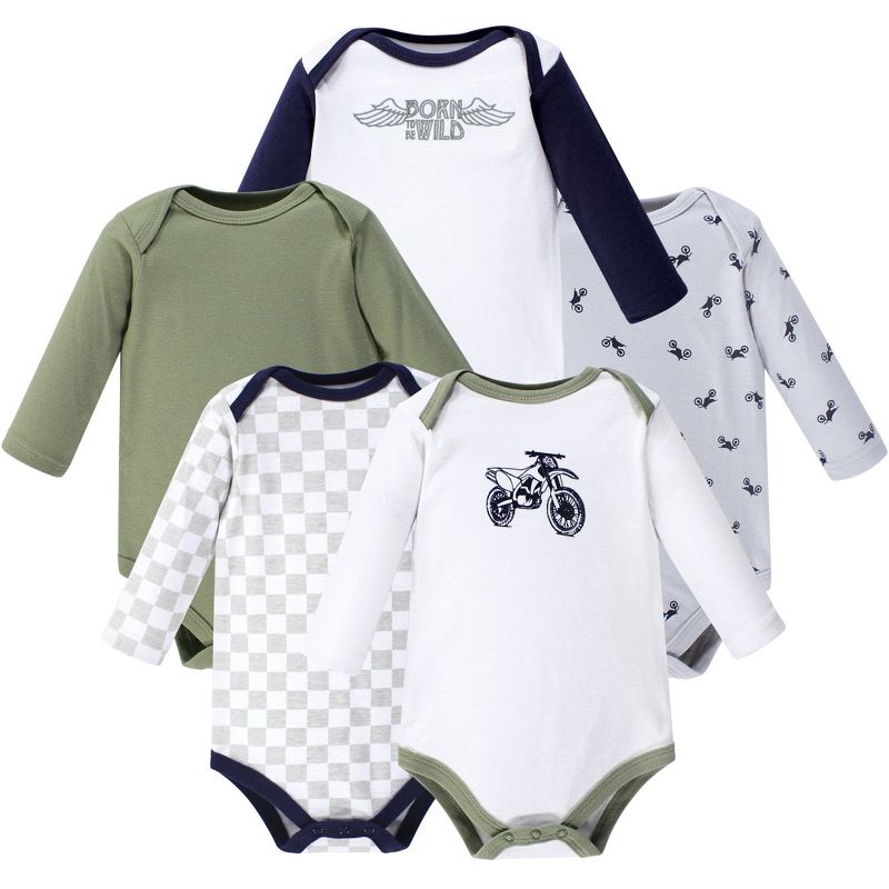Hudson Baby Infant Boy Cotton Long-Sleeve Bodysuits 5pk, Dirt Bike, 1 of 3