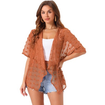 Allegra K Women's Swiss Dots Short Sleeve Cover Up Open Front Chiffon Cardigans