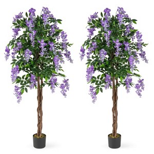 Costway 1/2 PCS 5.5 FT Tall Artificial Ficus Tree Faux Wisteria Plant in Nursery Pot Decoration Pink/Purple - 1 of 4