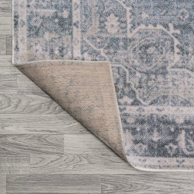 Blue and Light Gray Medallion Washable Synthetic 4' x 6' Rug