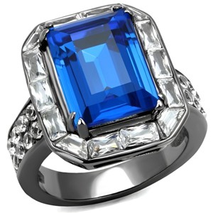 Slickblue Women’s Light Black Stainless Steel Ring, 14x10mm Capri Blue Synthetic Crystal, Oblong Halo Design, Sizes 5-10 - 1 of 4
