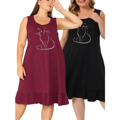 Agnes Orinda Women's Plus Size Cat Pattern Ruffle Hem Sleeveless Comfy Packs Nightgowns