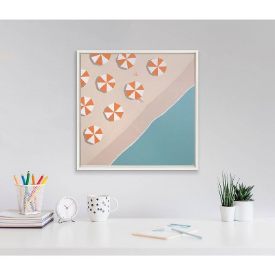 Beachside Umbrellas Coastal Canvas Art in White Frame